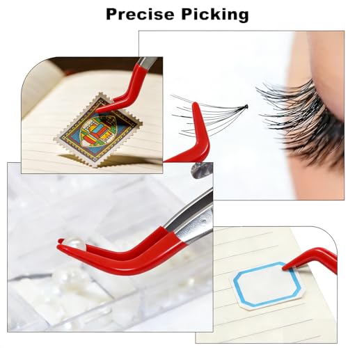 5Pcs Tweezers Set, Non-Scratch Rubber Tip, Red - color: Red