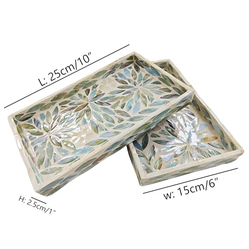 i-lanSet of 2 Mother of Pearl Narrow Vanity Trays, Floral Shell Mosaic