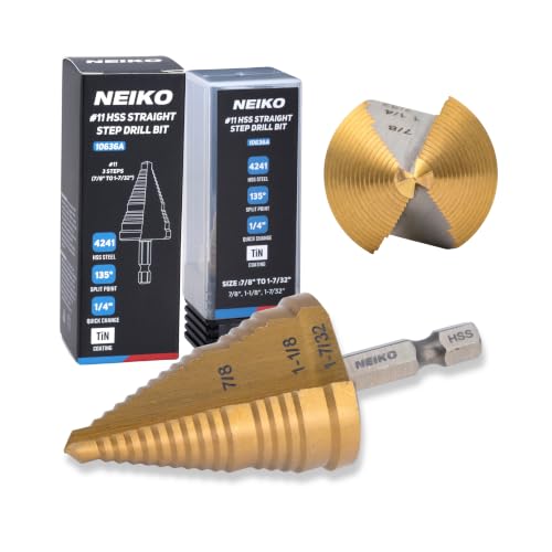 NEIKO 10636A Step Drill Bit, 3 Steps 7/8" to 1-7/32" Straight High Speed Steel, Titanium Nitride Coated, 1/4” Quick Change Step Bits for Steel, Metal, Wood, Plastic, Unibit Cone Drill Bits, Two Flute - size: #11 (7/8 - 1-7/32", 3S), style: Straight
