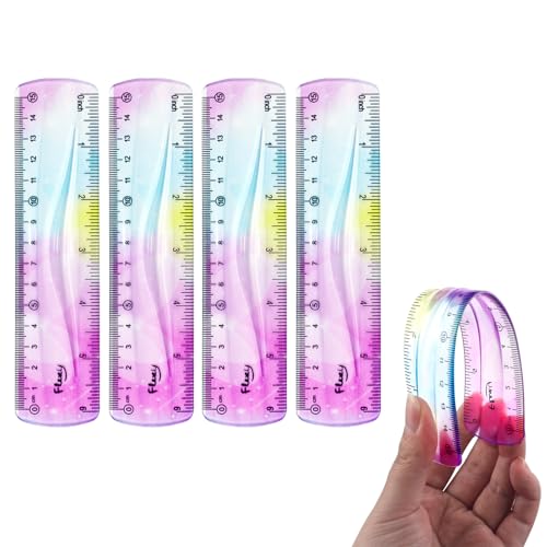 4 PCS 6 Inch Flexible Ruler, Bendable Plastic Ruler, Soft Bendable Gradient Colour Rulers with Centimeters and Inches for Student School Classroom Office Supplies - size: 6 Inch