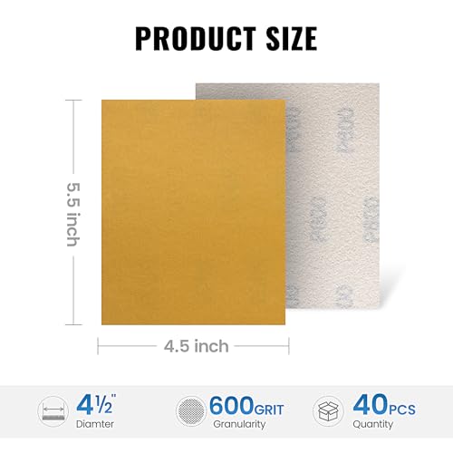 S SATC 40PCS 1/4 Sheet 600 Grit Aluminum Oxide Gold Hook and Loop Sandpaper for Palm Sander, Wood, Metal, Plastic - style: 600grit