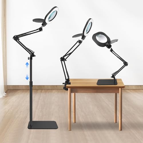 15X Real Glass Standing Magnifying Glass with Light and Stand, 3-in-1 Adjustable Magnifying Floor Lamp & Desk Lamp with Clamp, LED Dimmable Swing Arm Magnifier, Hands Free for Reading Crafts Repair