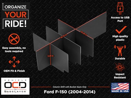 Vehicle OCD - Center Console Organizer for Ford F150 (2004-2014) (Column Shift w/Bucket Seats Only) - Made in USA - SLX104 - size: 2004-2014