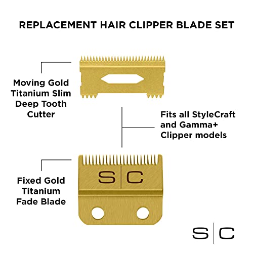 StyleCraft Replacement Hair Clipper Blade Cutter Set Professional Grade - color: Gold Titanium Fade / Gold Titanium Slim Deep