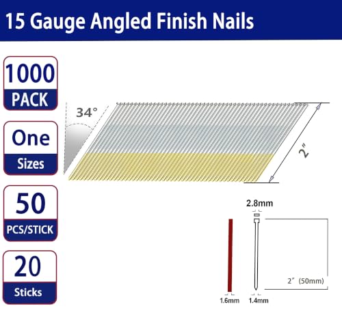 HW HAMWOO 15 Gauge 34°DA Angled Finish Nails,2":1000pcs - size: 2"--1000PCS