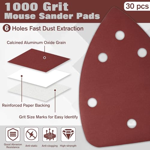 30 Pcs Mouse Sander Sandpaper 1000 Grit 6 Hole Mouse Sander Pads Hook and Loop Detail Sanding Disc - style: 1000 Grit