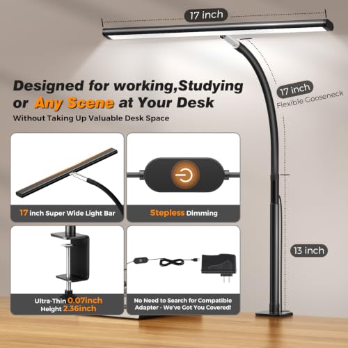 Airlonv LED Desk Lamp with Clamp, 17" Stepless Dimming Light, Black - color: Black, size: Standard