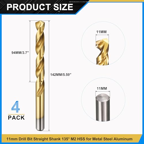 PATIKIL 11mm Drill Bit Jobber Straight Shank M2 TiN Coated 4Pcs - size: 11mm