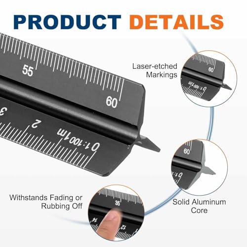 HARFINGTON Architectural Scale Ruler 12" Metric Aluminum Alloy Large Black - color: Black, size: 12 Inch