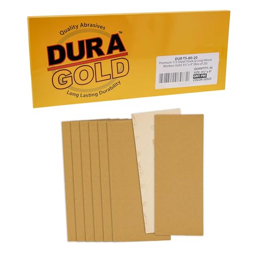 Dura-Gold 1/3 Sheet Gold Sandpaper Sheets, 80 Grit, Box of 20, Hook & Loop - size: 80-Grit