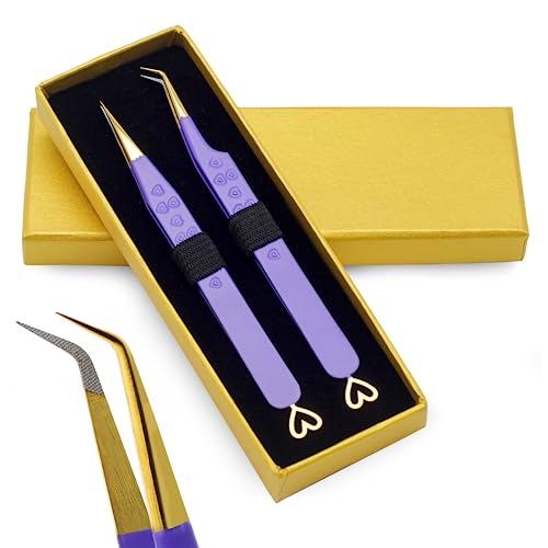 Precision Eyelash Extension Tweezers, Straight And 45-Degree, with Fiber Tip, Volume & Isolation Tweezers, Japanese Stainless Steel, Unique Heart Design (Purple Color) - color: Purple
