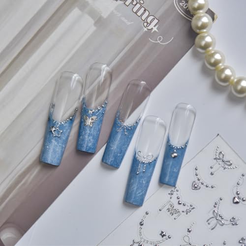1 Sheet Y2k Silver Bow Stars Heart Nail Art Stickers 5D Embossed Pearl Chains Nail Decals Cute Butterfly Nail Art Sticker Star Bow Nail Stickers for Nail Art Nail Supplies for Women Manicure DIY Decor - color: Silver Pearl Chain Bow
