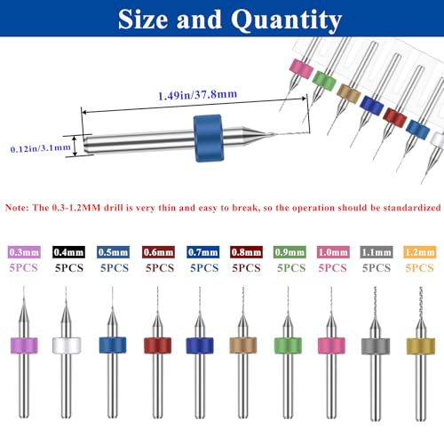 50pcs Micro Drill Bits Set for Most Rotary Tools,Spiral Flute 0.3mm-1.2mm Tungsten Steel Carbide mini PCB Drill Bits for Print Circuit Board,Stone Grinding,CNC Engraving,Jewelry Making etc - size: 0.3-1.2mm