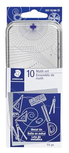 STAEDTLER 10-Piece Math Set with Metal Compass, 6" Ruler & Triangle Squares, 45° & 30/60° Set Squares, Alphabet Stencil - Measuring Tools