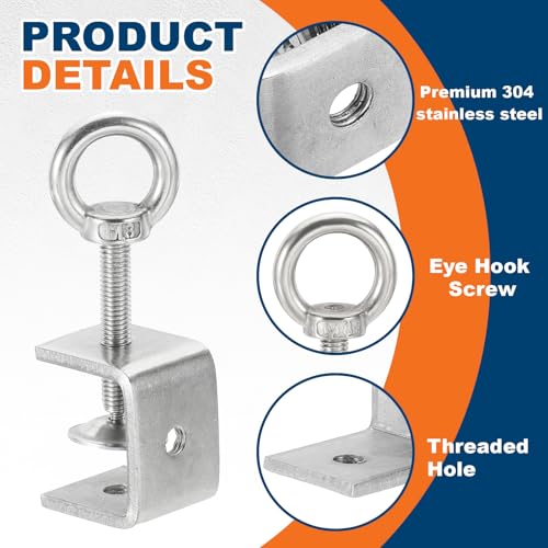 HARFINGTON 2Pcs 304 Stainless Steel C Clamps 35mm w Eye Hook Screw Silver - size: 35mm