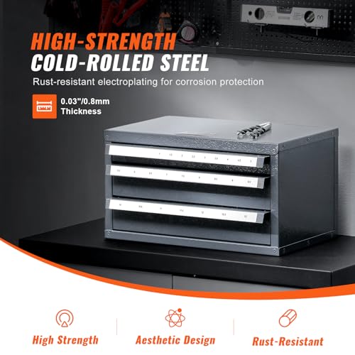VEVOR Drill Bit Organizer - Three-Drawer Steel Cabinet for 1mm to 13mm, Labels, Stackable - size: (1/25" to 1/2")