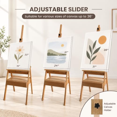 Large Solid Beech Wood Painting Easel H-Frame with Storage Drawer - color: Wooden Normal