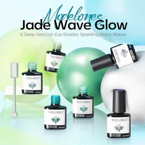 modelones Glitter Cat Eye Green Gel Nail Polish Set, 6 Colors with Magnet - color: B Ocean Palette