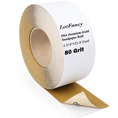 LotFancy 80 Grit PSA Sandpaper Roll, Self Adhesive Sticky Back Longboard Sand Paper, 2-3/4" Wide by 21.9 Yard Long, Aluminum Oxide Sanding Roll, for Automotive and Woodworking - size: 80 Grit
