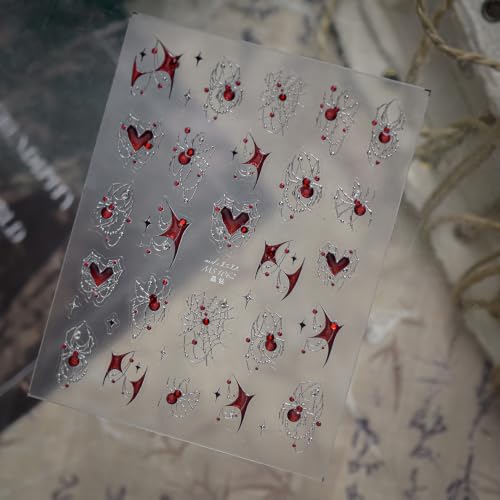 1 Sheet Halloween Nail Stickers for Nail Art Silver Spider Web Nail Decals with Red Rhinestones Spider Nail Design Gothic Halloween Holiday Crystal Red Spider Nails Supplies for Women Manicure DIY - color: Halloween Red Spider