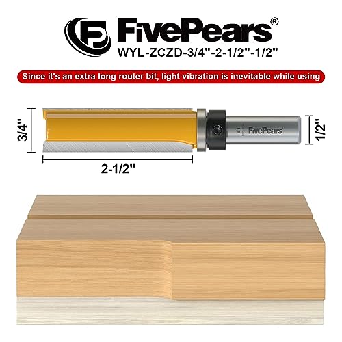 FIVEPEARS Pattern Flush Trim Router Bit, 1/2" Shank, 3/4" Cutting Dia, 2-1/2" Cutting Length, Top Bearing, Woodworking - size: 3/4" Dia - 2-1/2" CL - 1/4" Shank, style: Shank Size: 1/2"