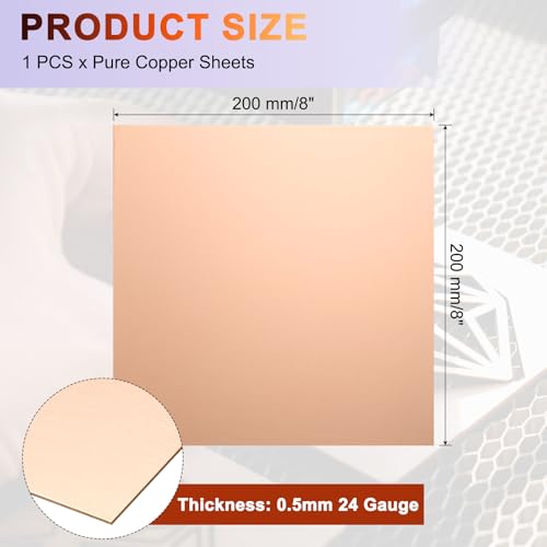 uxcell Pure Copper Sheet, 8" x 8", 24 Gauge (0.5mm) Thickness, Metal Copper Plate with Gloves for Crafting, Modelers, Jewelry, Repairs, Electrical Repairs (Rose Gold) - size: 200 x 200 x 0.5mm