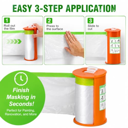 Pre-Taped Masking Film with Dispenser - 44" x 66' Painters Plastic - color: 1 Dispenser 2 Refill 44" x 66'