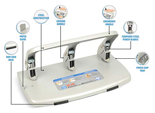 Carl, Medium-Duty 3 Hole Paper Punch, 40 Sheet Punch Capacity, Metallic, Model:HC-340