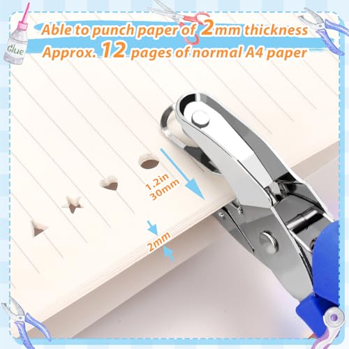 4 Packs Shape Hole Punch Set - 1/4" Circle, Heart, Star, Triangle Puncher with Soft Grip for Binder, Scrapbooking, Cards | Paper Craft Tools with Storage Slot & Reinforcement Stickers (Blue)