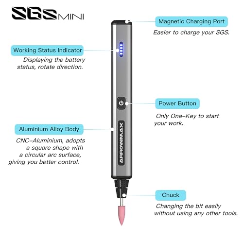 AM ARROWMAX Mini Engraving Pen, Cordless Rotary Tool with 36 Bits, Aluminum Case, Bluetooth, APP, Wireless Magnetic Charge, Engraving Tool for Jewelry, Wood, Glass, Carving (SGS MINI) - color: Grey, size: SGS MINI
