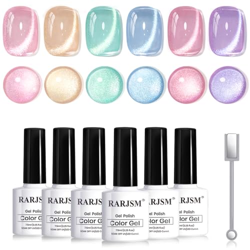 RARJSM Glass Jelly Cat Eye Gel Nail Polish Set 6pcs Reflective Sparkly Diamond Glitter Nude Pink Lake Blue Green Purple Clear Cateye Gelpolish with Magnet Stick 7.5ml Curing Requires for Home Salon - color: Fruit Color Cat Eye Set