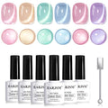 RARJSM Glass Jelly Cat Eye Gel Nail Polish Set 6pcs Reflective Sparkly Diamond Glitter Nude Pink Lake Blue Green Purple Clear Cateye Gelpolish with Magnet Stick 7.5ml Curing Requires for Home Salon - color: Fruit Color Cat Eye Set
