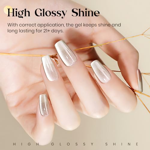 MIZHSE Cat Eye Gel Nail Polish: Grey Magnetic Gel Polish with Magnet Stick and Metallic Mirror Chrome Powder, Maillard Style Magic Effect Galaxy Shimmery Nail Soak Off Nail Art Salon - color: Glass Beige