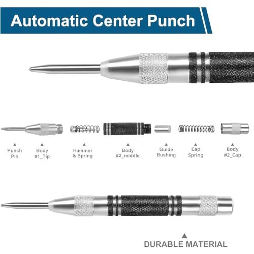 2-Pack Heavy-Duty Automatic Center Punches, 12.7cm Stainless Steel Chrome-Plated, Adjustable Spring-Loaded Hole Marker Scriber for Metal, Plastic, Wood - Durable Precision Drilling Tool