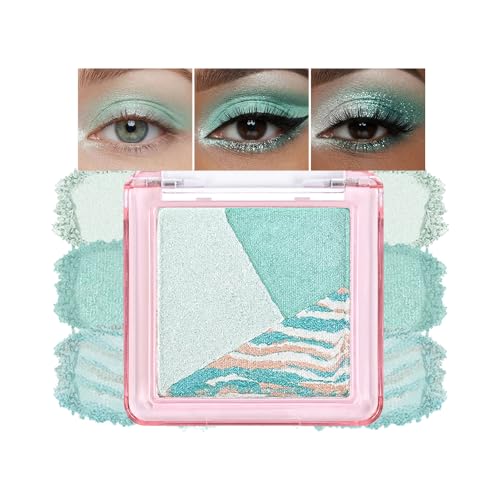 Green Teal Shimmer Baked Eyeshadow Palette, 3 Color High Pigment Blendable Eye Shadow Makeup for Older Women, Travel Mini Palette Suitable for All Eye Shapes, Vegan Cruelty-Free Soft Smokey Look 02# - color: M-#02