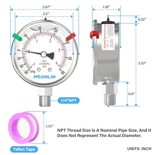 MEANLIN MEASURE -30inHG~60Psi Vacuum Pressure Gauge 316 Stainless Steel Joint 1/4" NPT 2.5" FACE DIAL, Stainless Steel Liquid Filled Pressure Gauge WOG Water Oil Air Lower Mount, 2PCS Snaps - size: -30inHG-60Psi, style: Lower Mount