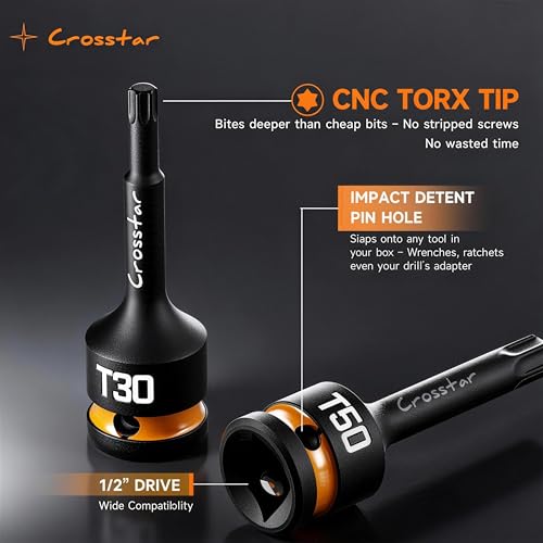 Crosstar 3pcs T70 Impact Torx Bit Socket Set, 1/2" Drive Cr-Mo Steel, Long High Impact Star Sockets for Automotive & Heavy-Duty Use, Professional Mechanic Tools with Transparent Case - size: T70 (Long)