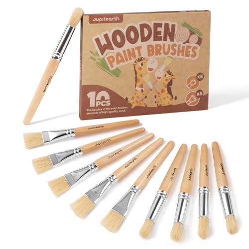 JUPITEARTH Natural Wood Handle Paint Brushes for Kids, 10-Pack