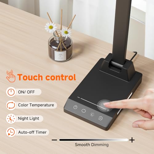 ShineTech LED Desk Lamp for Home Office, Foldable Reading Lamp with Adapter - color: Black