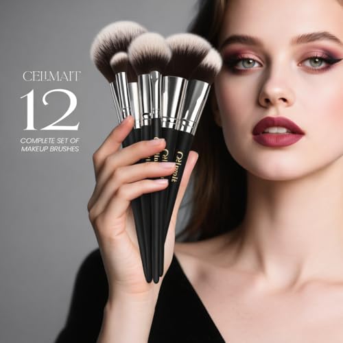 Makeup Brush Set with Case, Synthetic Bristles, Wood Handle, 12 Pcs - color: Black
