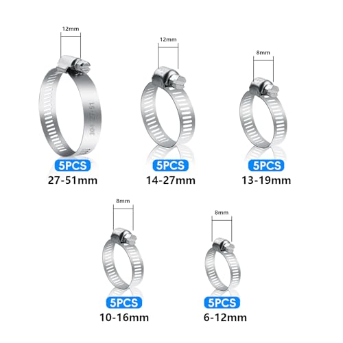 25 Pcs Adjustable Stainless Steel Hose Clamps Assortment, 1/4-2 in (6-51mm)