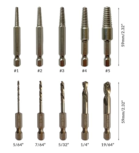 NordWolf 10-Piece M35 Cobalt Stubby Left Hand Drill Bit & Screw Extractor Set, Sizes 5/64" 7/64" 5/32" 1/4" 19/64" Reverse Twist with 1/4" Hex Shank - size: 5/64" to 19/64" (10 Pcs)
