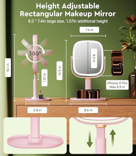 Height Adjustable Lighted Makeup Mirror with Lights and Magnification 20X - color: Pink