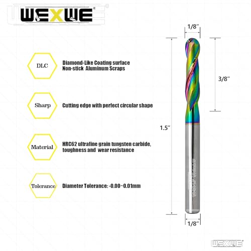 Tools Ball Nose Carbide End Mill, DLC Coating, CNC Cutting Tools for Aluminum and Wood Cutting, 3D Carving & Engraving. 2 Flute Router Bits，1/8 Shank (1/8-1." 5pcs - size: DLC BALL 1/8-0.75-1.5" 5PCS