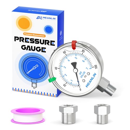 MEANLIN MEASURE 0~100Psi Stainless Steel Liquid Filled Pressure Gauge 2.5" FACE DIAL 1/4" NPT for Well Pump Tire Water Pressure Tester Lower Mount with Stainless Steel Hex Bushing and Snaps - size: 0-100Psi, style: Lower Mount
