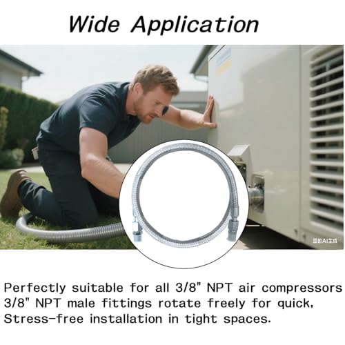 Industrial Grade Reinforced Air Compressor Hose Assembly - 3/8" NPT Male Connectors - 40" Flexible Stainless Steel Braided Line with 360° Rotating Fittings (450 PSI/750°F Rated)