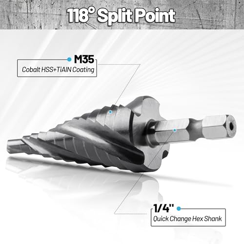 Cobalt M35 4 Spiral Flutes Step Drill Bit for Metal 3/16" to 1/2" - size: M35 Spiral 3/16" to 1/2"