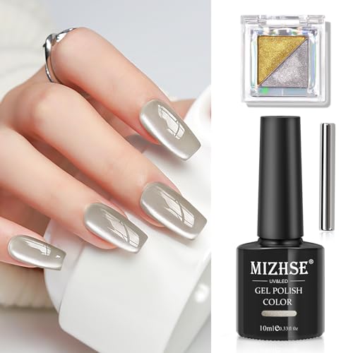 MIZHSE Cat Eye Gel Nail Polish: Grey Magnetic Gel Polish with Magnet Stick and Metallic Mirror Chrome Powder, Maillard Style Magic Effect Galaxy Shimmery Nail Soak Off Nail Art Salon - color: Glass Beige