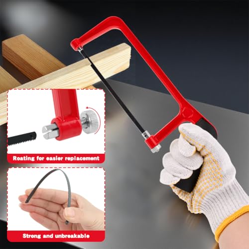 Mini Hacksaw with Miter Box, 6" Hand Saw Kit with 2 Spare Blades & Gloves - color: Red