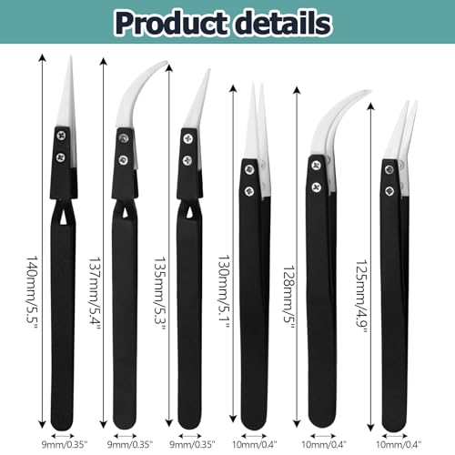 Bonsicoky 6-Piece Precision Reverse Ceramic Tweezers Set, Black